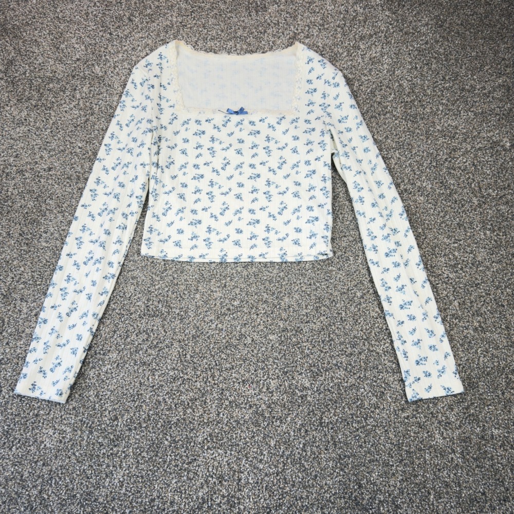 Cider Women Blue Floral Lace Trim Square Neck Long Sleeve Crop Top Small Cream